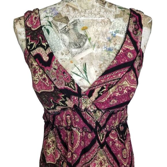 Pink Magenta & Black Geometric Paisley Ruffle Tier Halter Maxi Dress Sundress - Picture 3 of 11